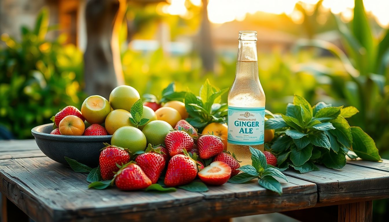 Een rustieke tafel met tropisch fruit en een fles gemberbier.