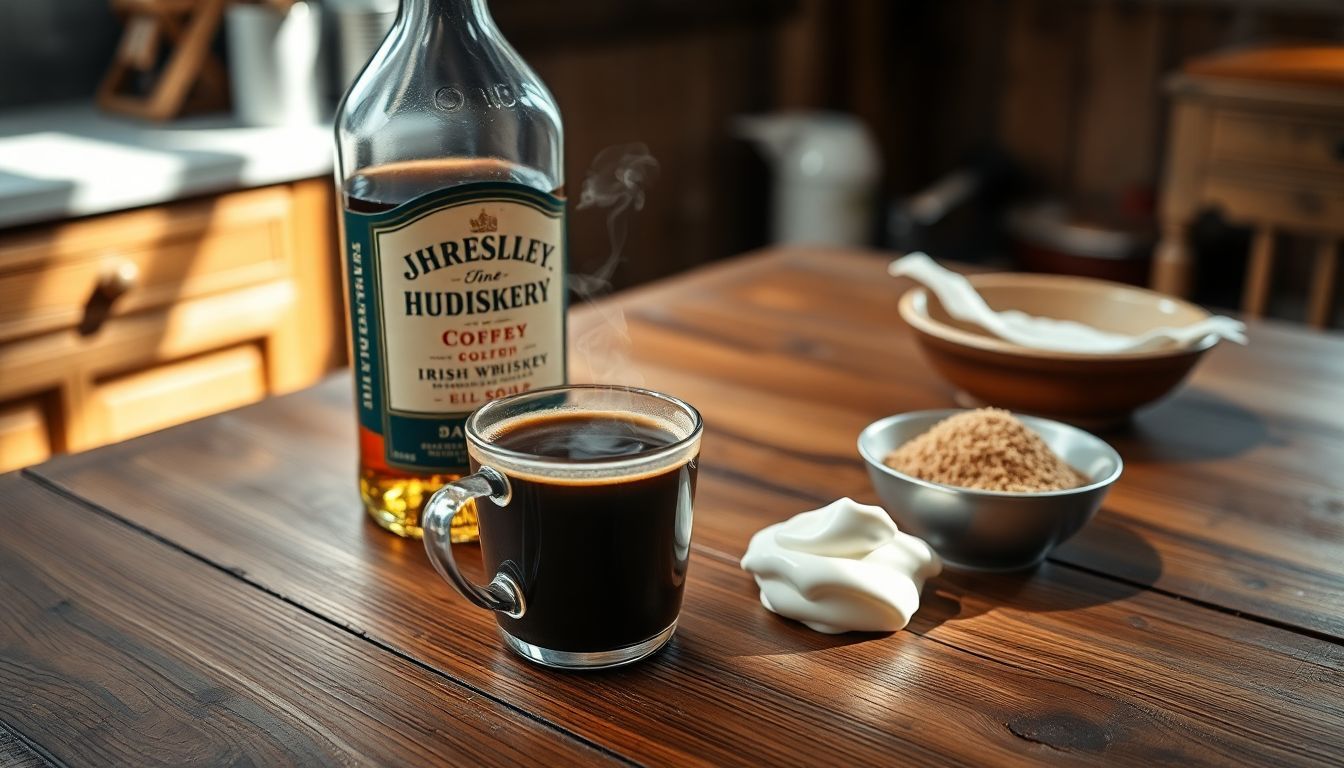 Een rustieke keukentafel met koffie, Ierse whisky en suiker.
