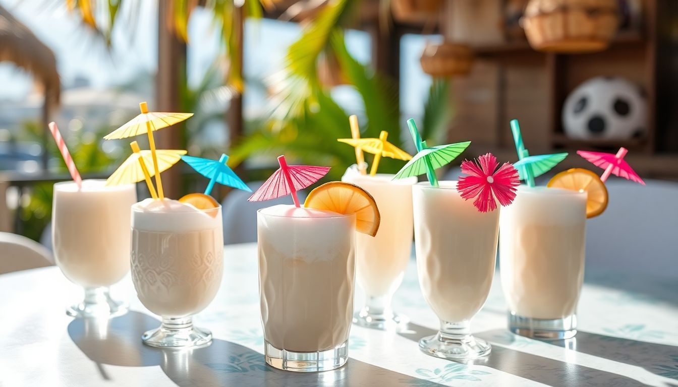 Een tropische tafel met verschillende kokosnootcocktails, versierd met parasols.