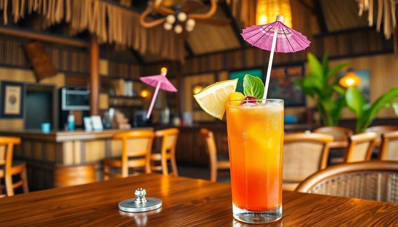 Een vintage tiki bar met een Mai Tai cocktail en Polynesische decor.