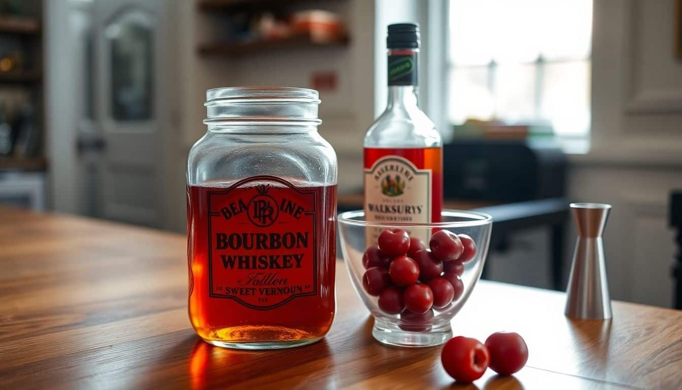 Een houten bar met drank en benodigdheden voor een Manhattan cocktail.