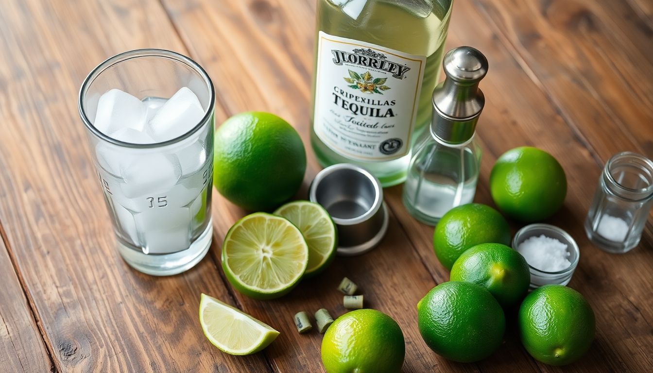 Een cocktailshaker met tequila, limoenen en zout op een houten tafel.