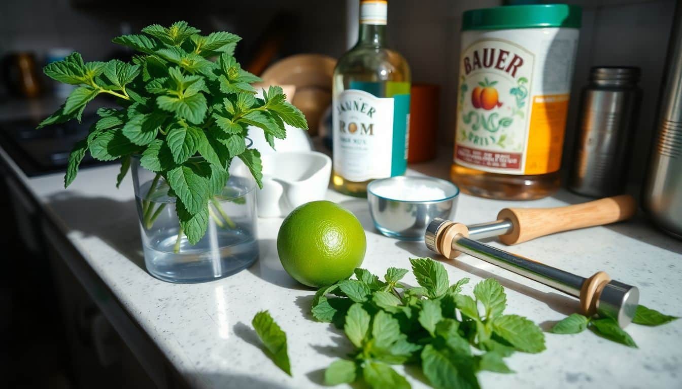 Een rommelig aanrecht met ingrediënten voor een mojito.