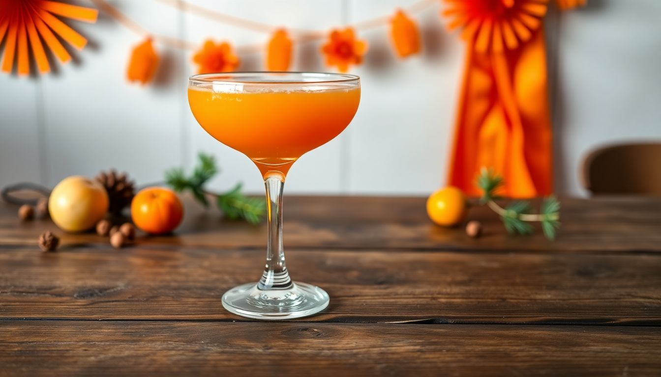 Een klassieke oranje cocktail geserveerd in een vintage glas op een rustieke houten tafel.