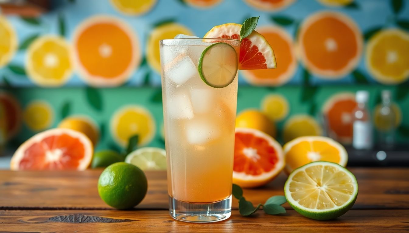Een verfrissende highball cocktail met tequila, limoensap en grapefruitsoda op een houten bar.