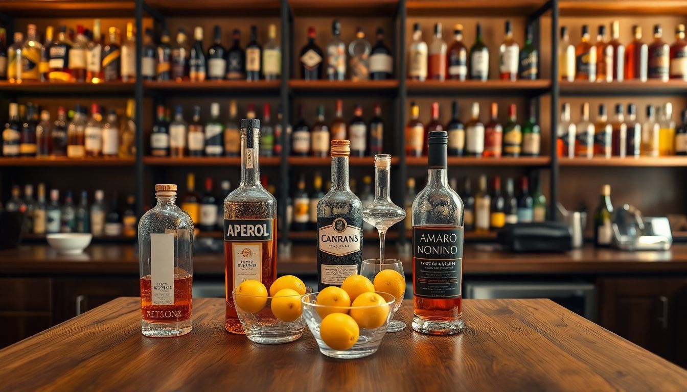 Een houten bar met flessen bourbon, Aperol en Amaro Nonino.