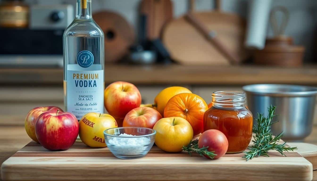 Een houten snijplank met fruit, vodka, zeezout, honing en rozemarijn.