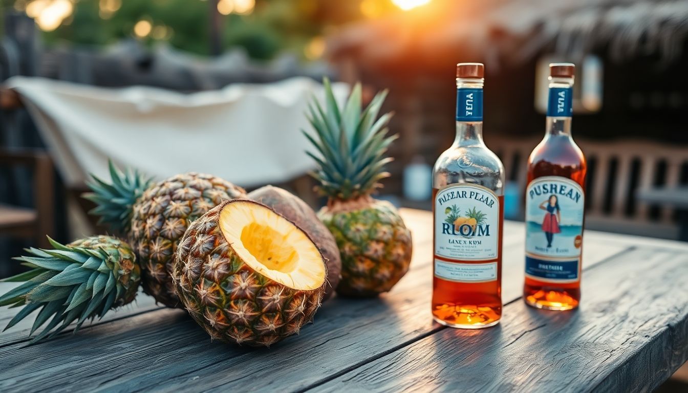 Een tropische setting met ananas, kokosnoten en rum op een tafel.
