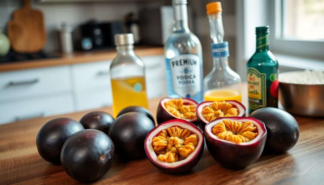 Vers fruit en dranken op houten aanrecht in keuken. Vers fruit en dranken op houten aanrecht in keuken.