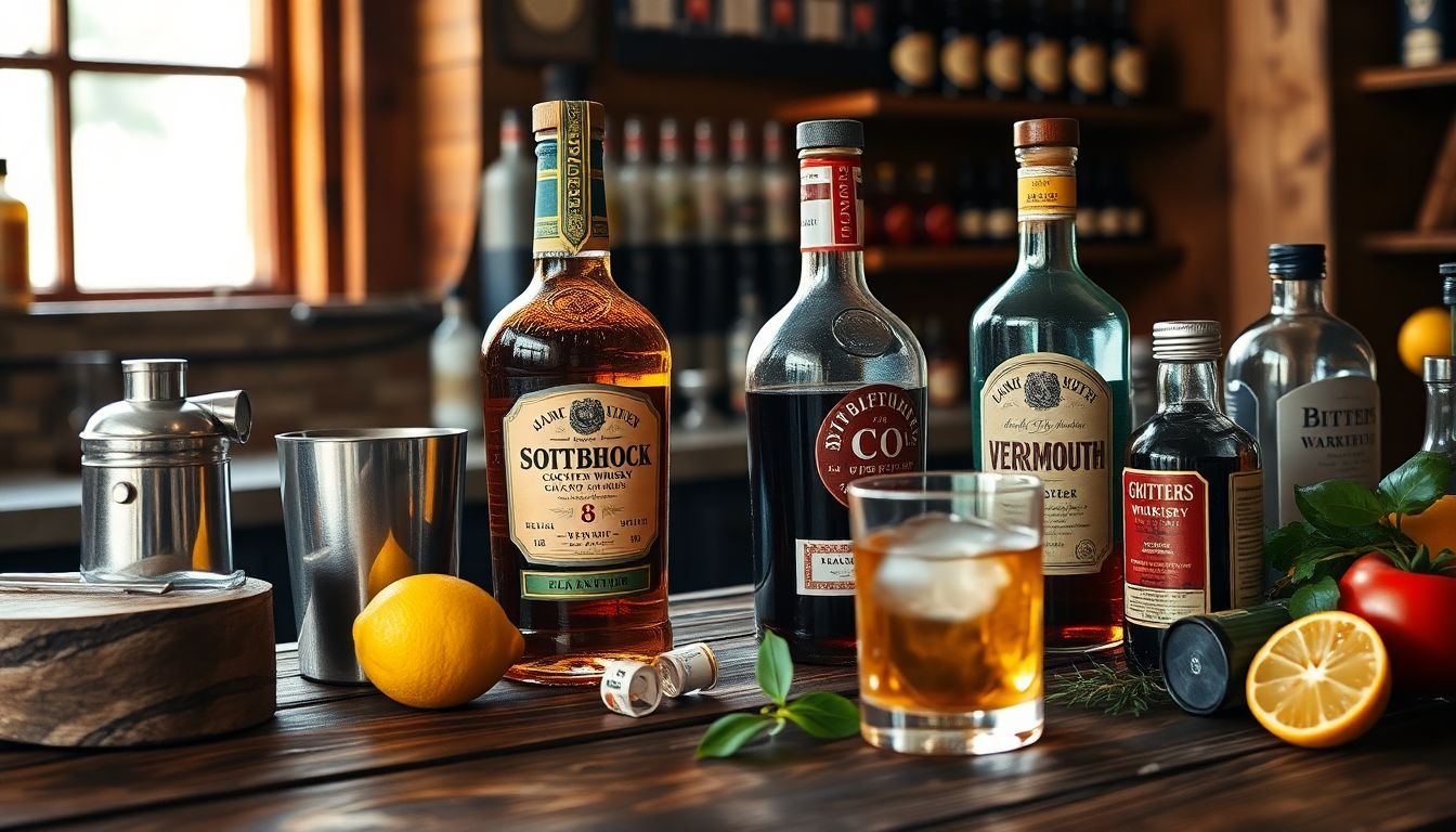 Een rustieke bar met cocktailbenodigdheden en verse ingrediënten voorbereid voor een traditionele Rob Roy cocktail.