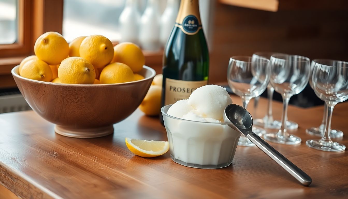 Een bar met lemons, Prosecco, en sorbet, uitnodigend en relaxed.