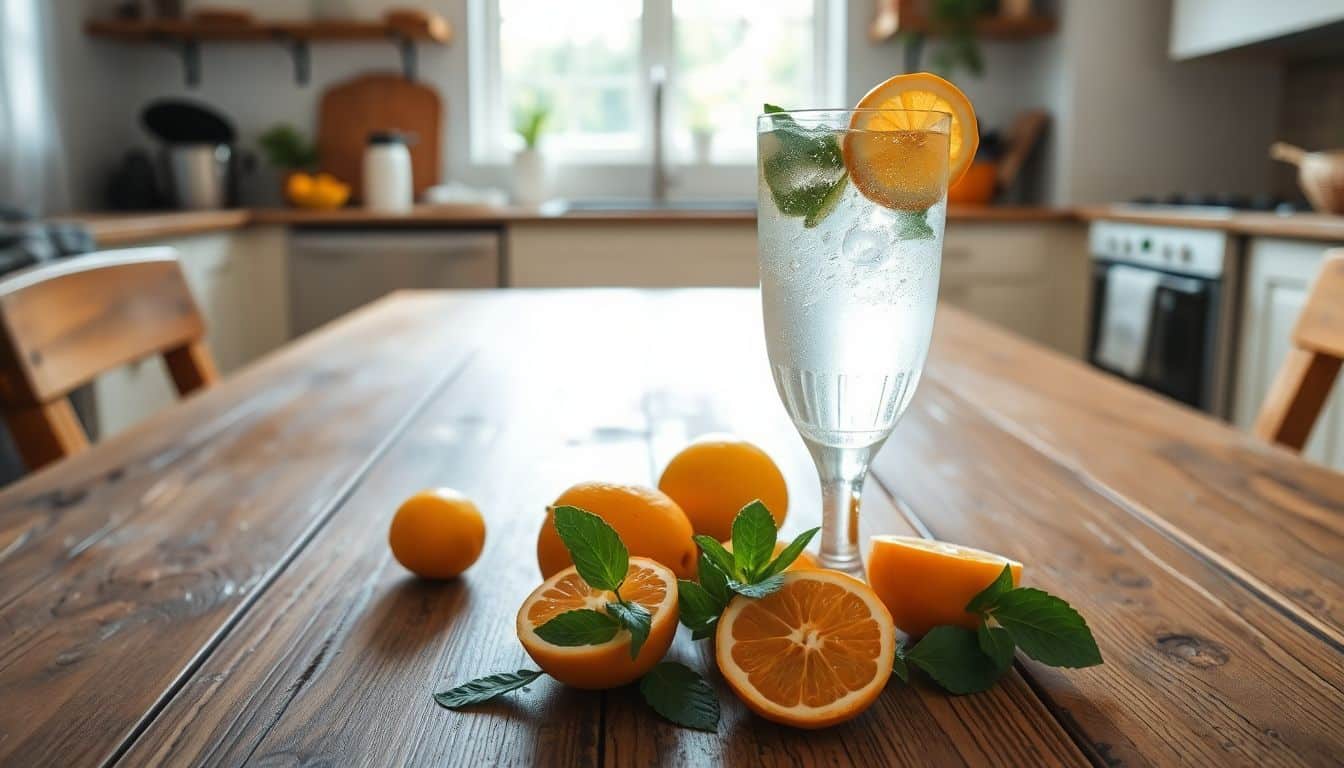 Een verfrissende cocktail met citrusvruchten en munt op een houten tafel. Een verfrissende cocktail met citrusvruchten en munt op een houten tafel.