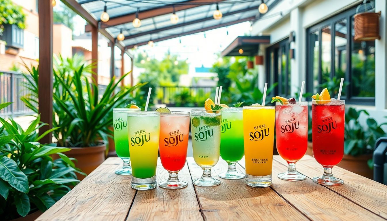 Een patio met kleurrijke Soju-cocktails op een houten tafel.