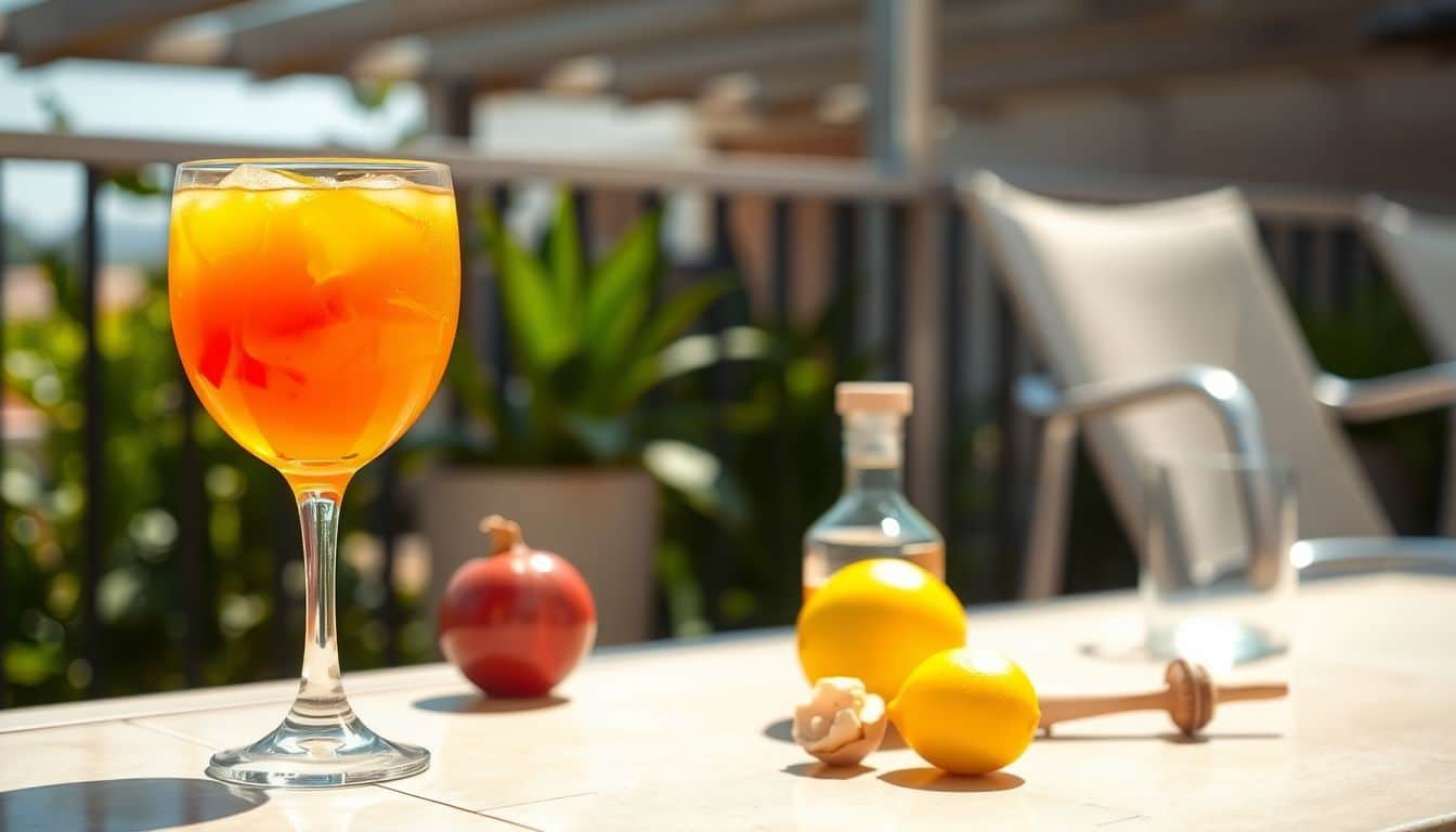 Een kleurrijke zonsopgang cocktail wordt geserveerd op een zonnig terras.