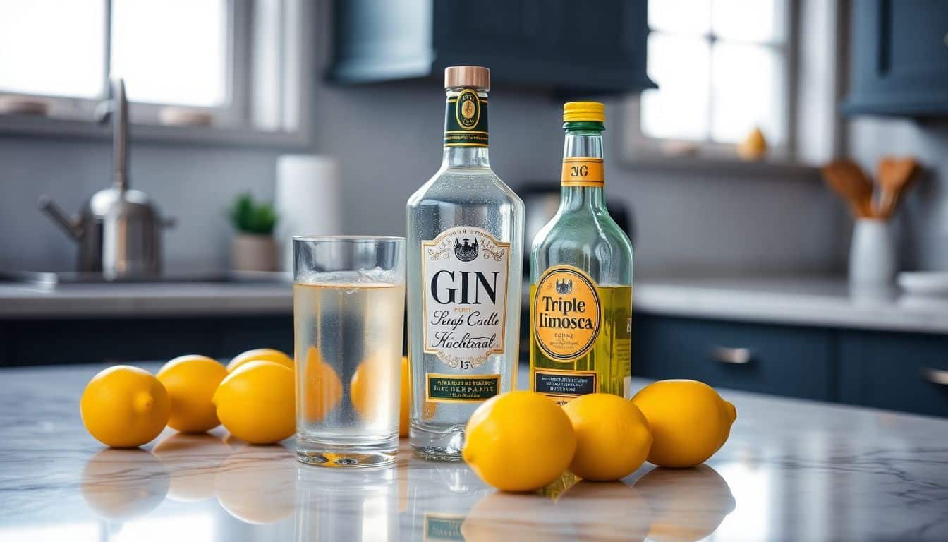 Op de marmeren aanrecht staat een cocktailshaker, een fles gin, een fles triple sec en verse citroenen.