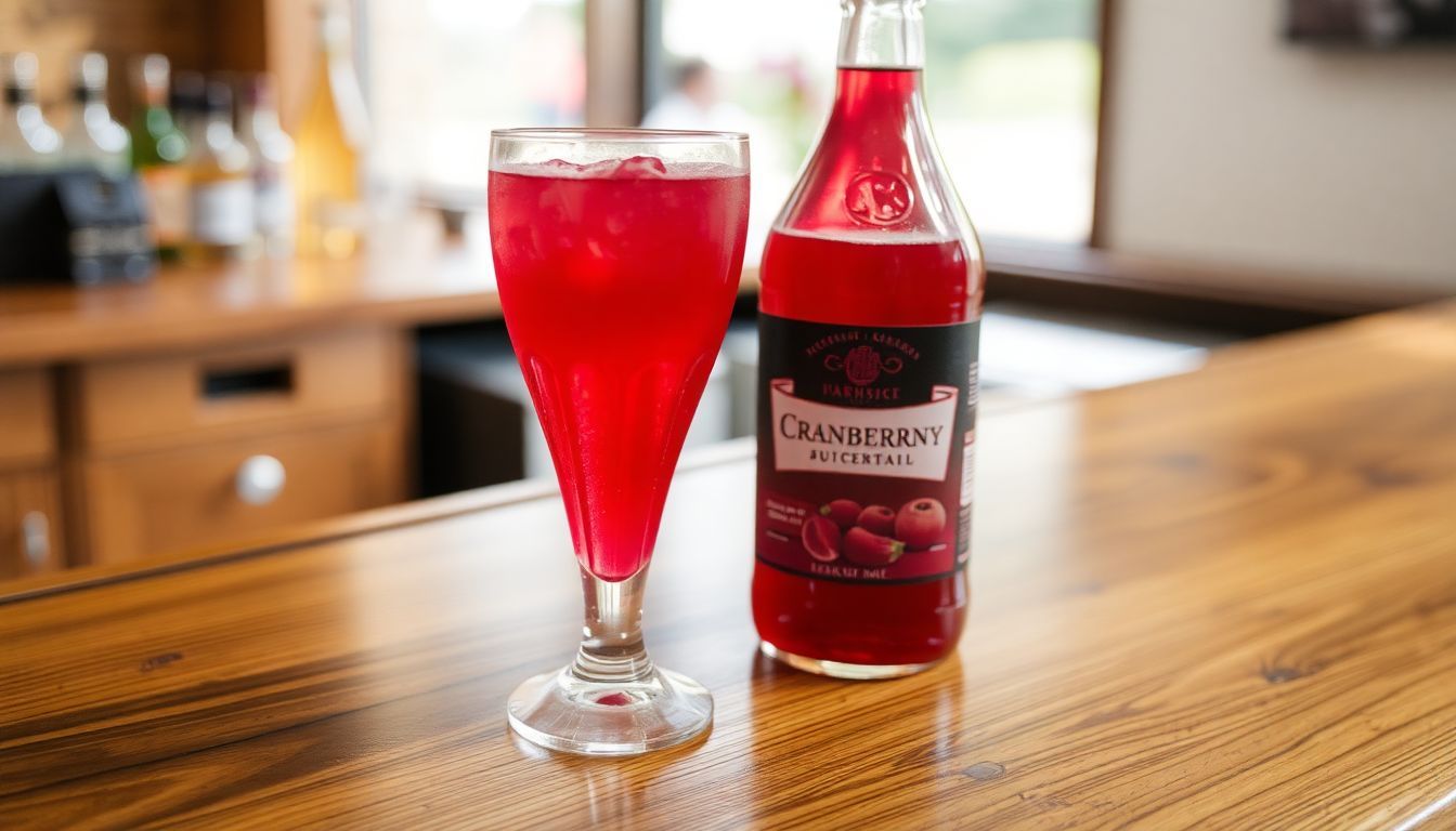 Een glas cranberrysap op een houten bar, naast een fles.